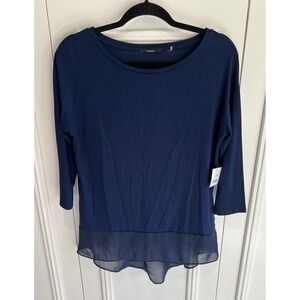 Tahari Navy Jersey Knit Tunic Top Chiffon Hem High Low Minimalist Designer